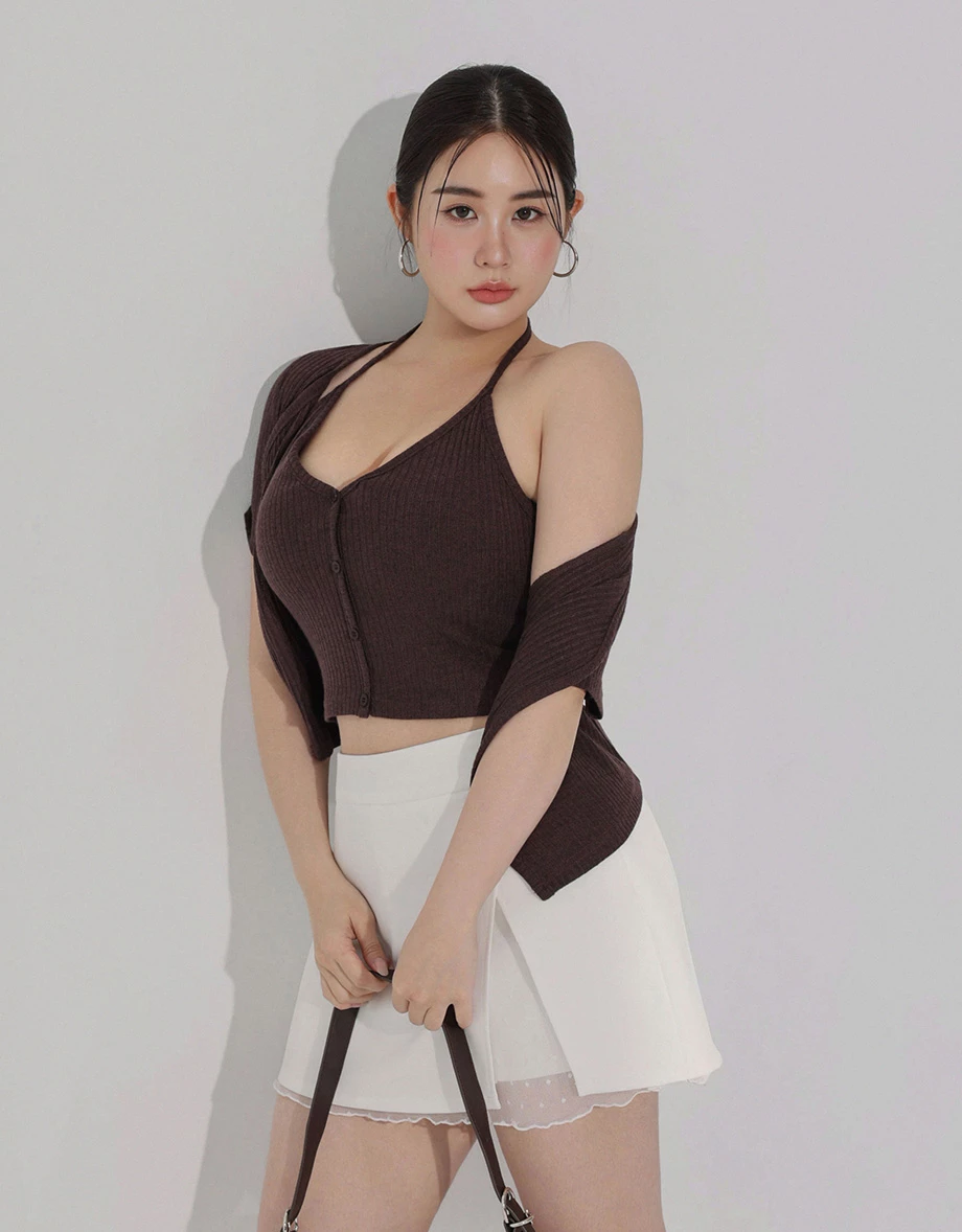 V領繞頸肩帶排扣BRA背心短袖開襟羅紋針織衫套裝