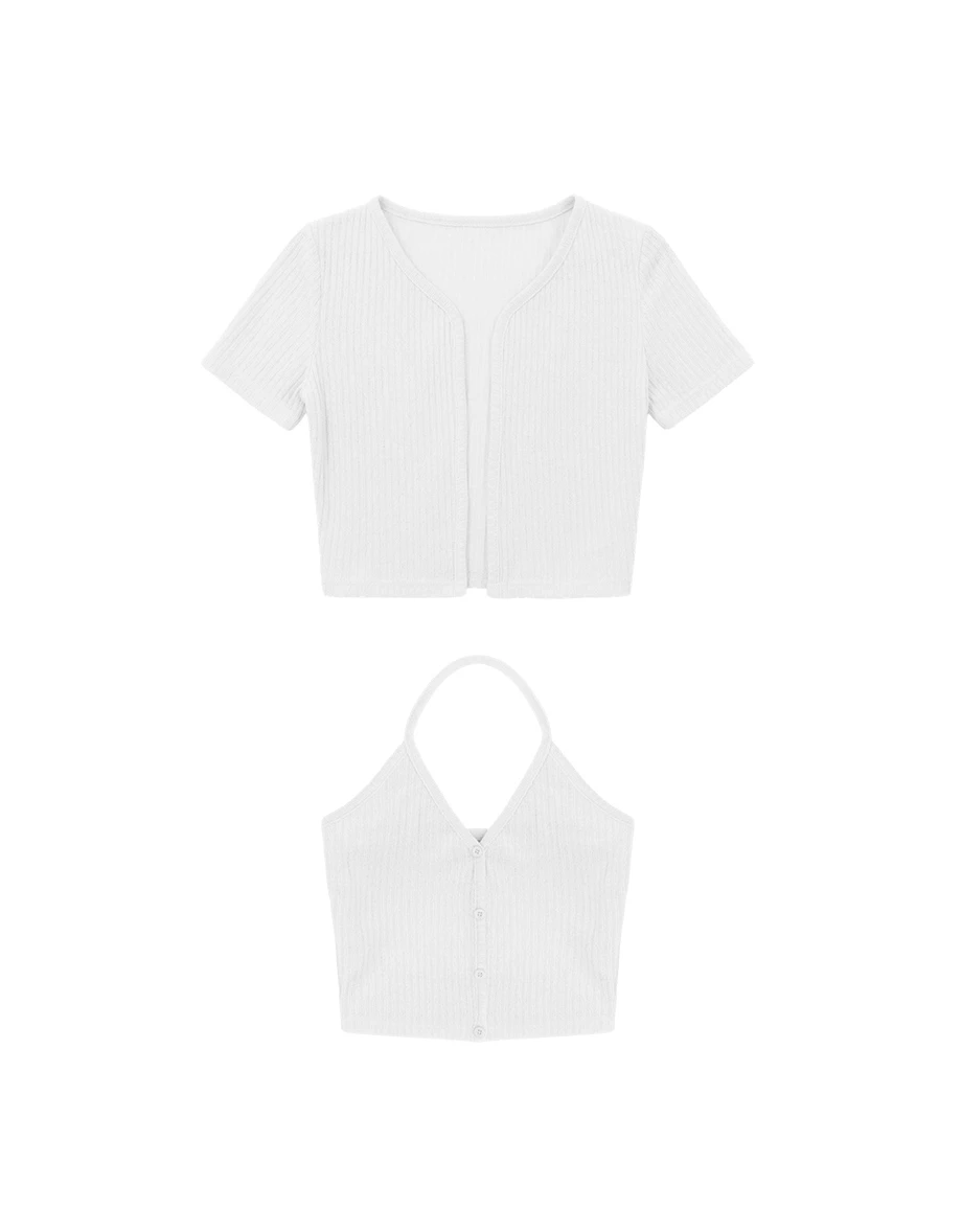 V領繞頸肩帶排扣BRA背心短袖開襟羅紋針織衫套裝