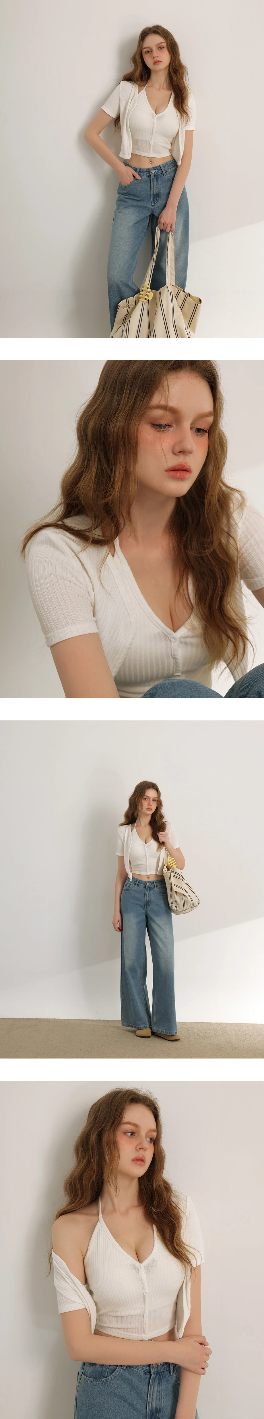 V領繞頸肩帶排扣BRA背心短袖開襟羅紋針織衫套裝