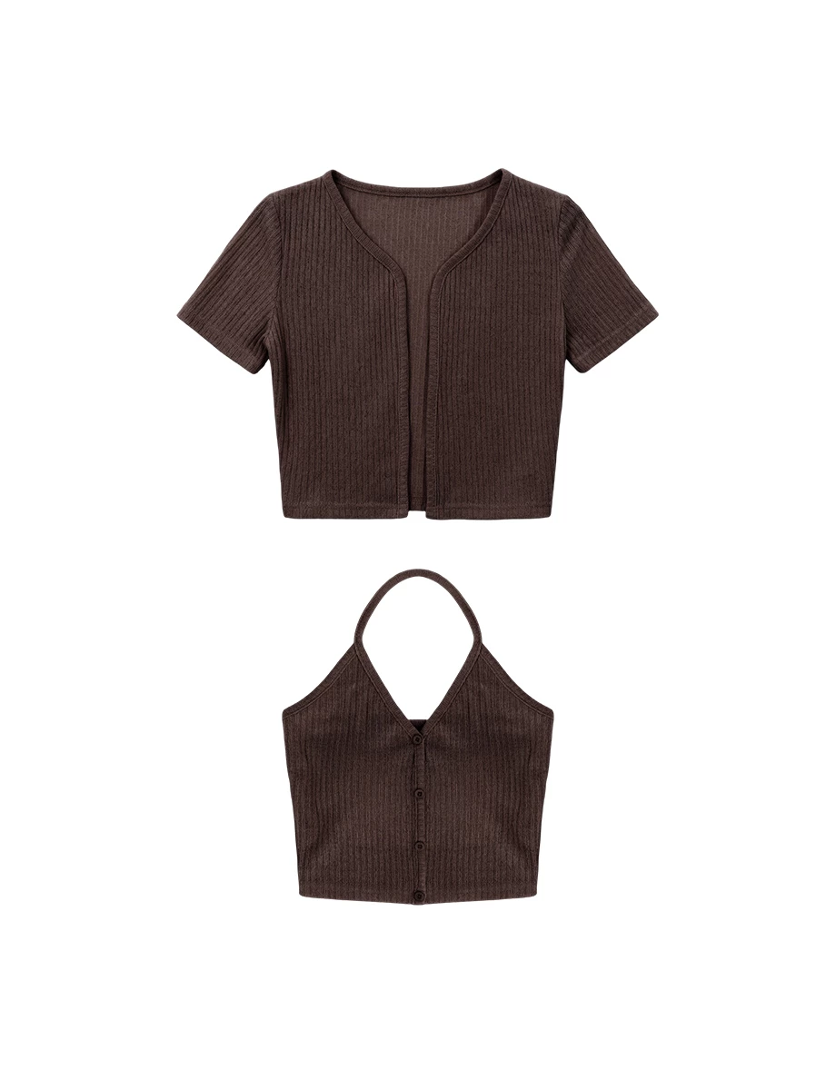 V領繞頸肩帶排扣BRA背心短袖開襟羅紋針織衫套裝