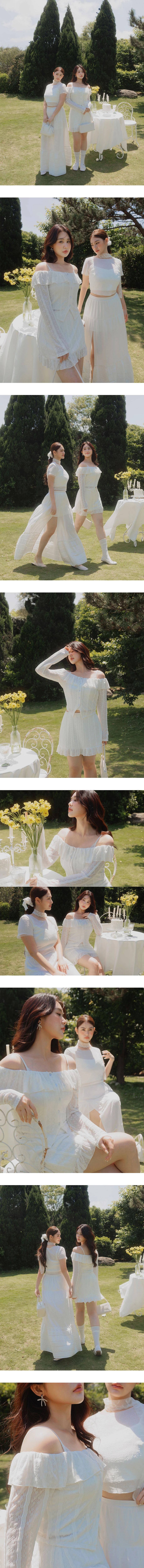 反摺荷葉一字領刺繡蕾絲長袖上衣細肩帶BRA背心套裝