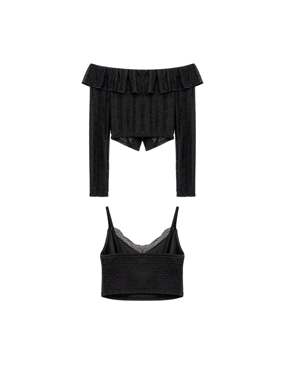 反摺荷葉一字領刺繡蕾絲長袖上衣細肩帶BRA背心套裝