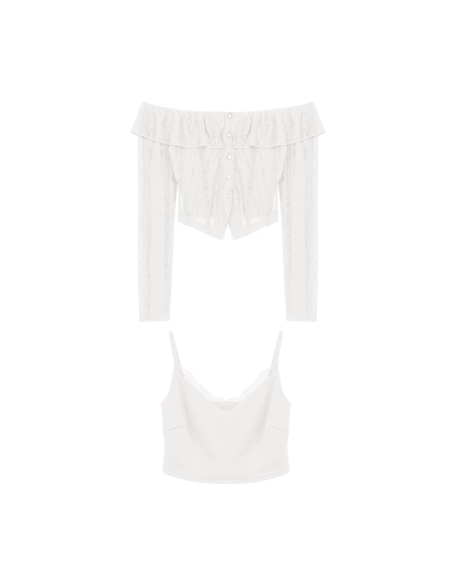 反摺荷葉一字領刺繡蕾絲長袖上衣細肩帶BRA背心套裝