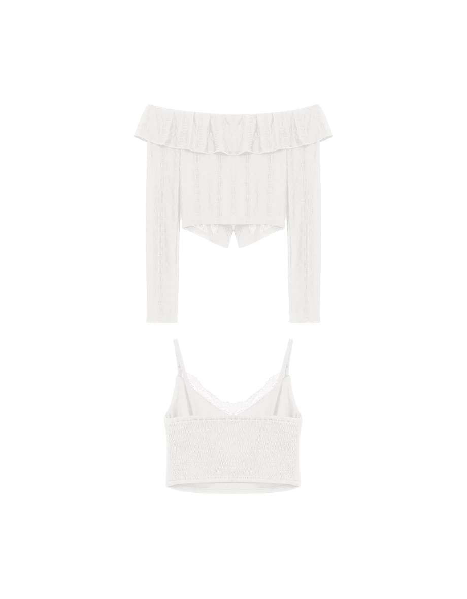 反摺荷葉一字領刺繡蕾絲長袖上衣細肩帶BRA背心套裝