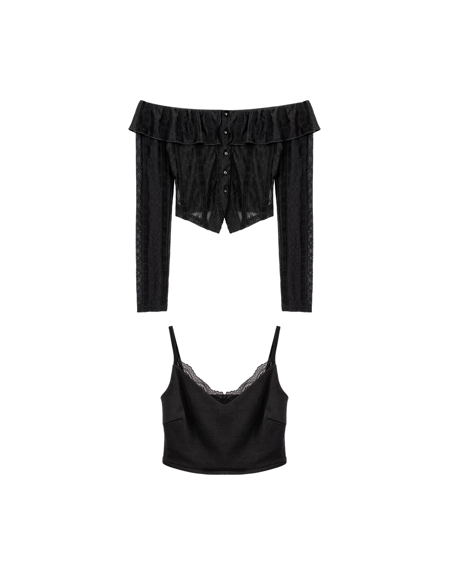 反摺荷葉一字領刺繡蕾絲長袖上衣細肩帶BRA背心套裝