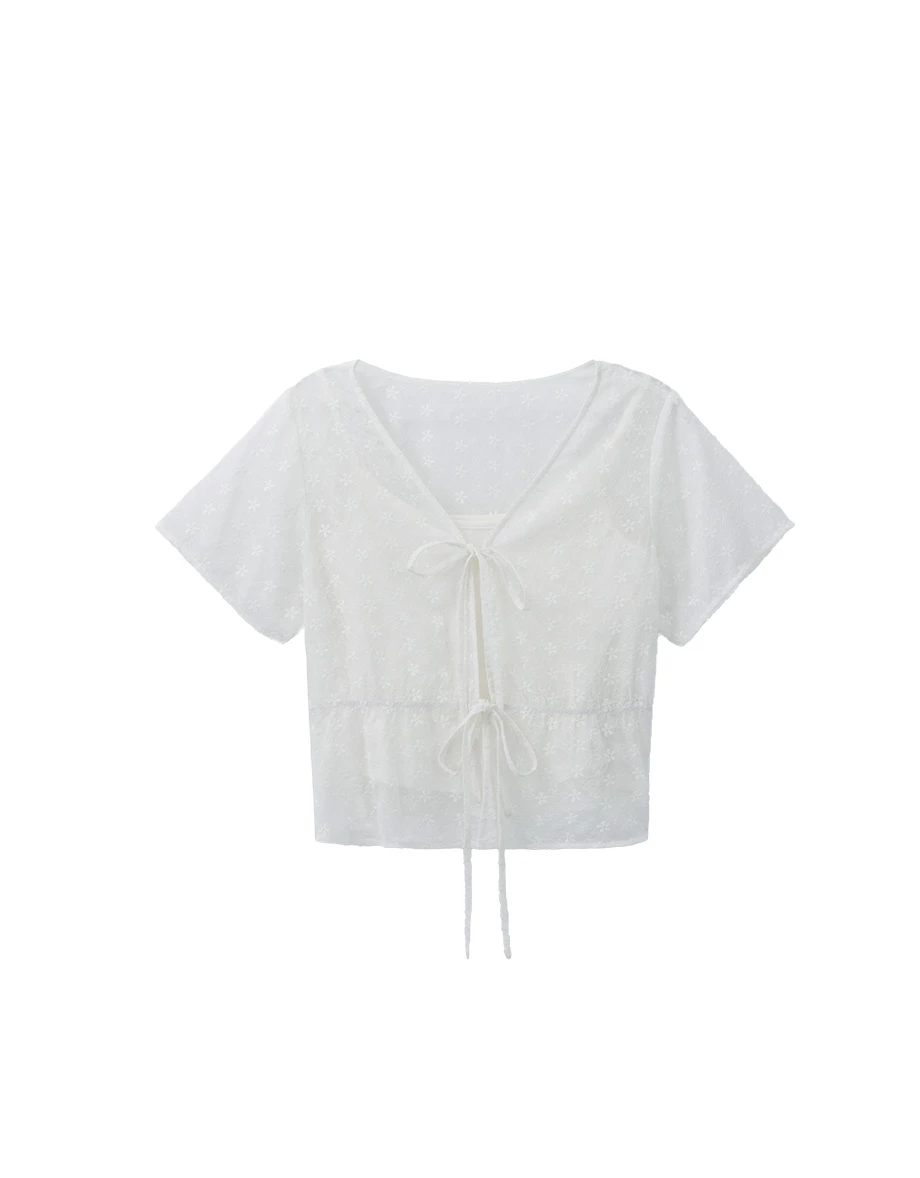 Sheer Floral Embroidered Tie Front Crop Blouse and Basic Inner Cami Top Set Wear