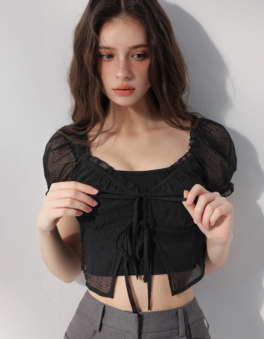 Sheer Mesh Polka Dot Puff Sleeve Chiffon Top and Spaghetti Strap Camisole Set Wear Sheer Mesh Polka Dot Puff Sleeve Chiffon Top and Spaghetti Strap Camisole Set Wear