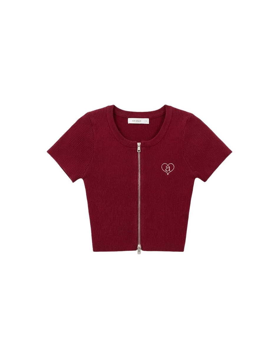 愛心LOGO刺繡圓領短袖短版拉鍊開襟針織衫