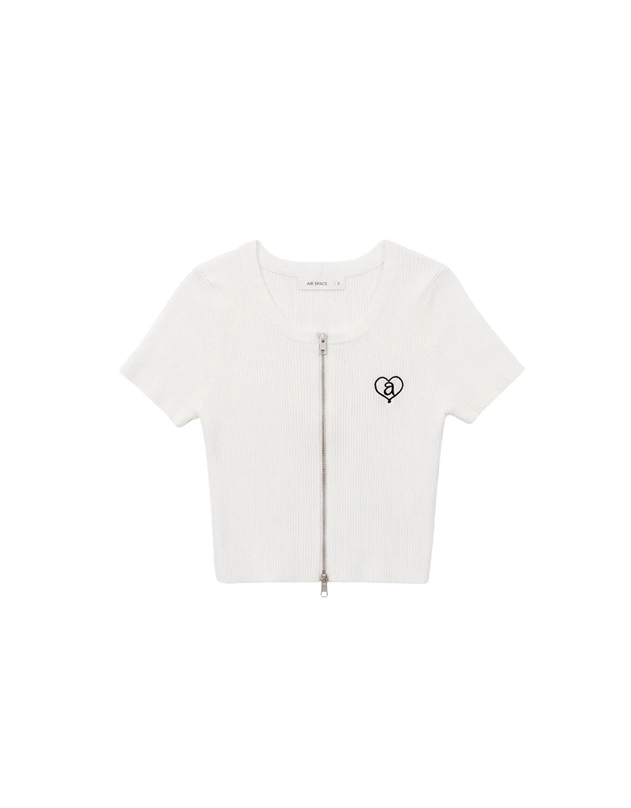 愛心LOGO刺繡圓領短袖短版拉鍊開襟針織衫