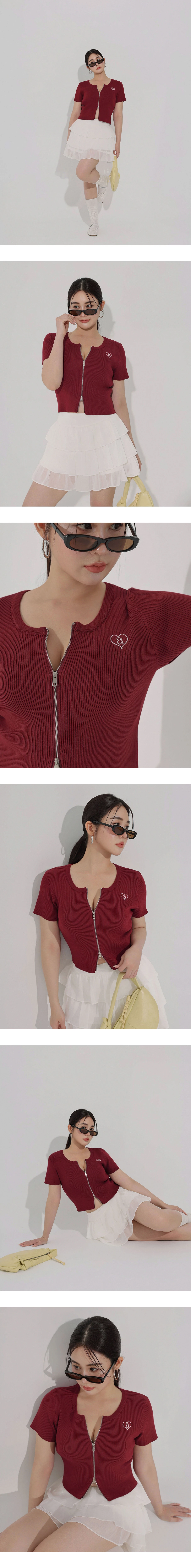 愛心LOGO刺繡圓領短袖短版拉鍊開襟針織衫