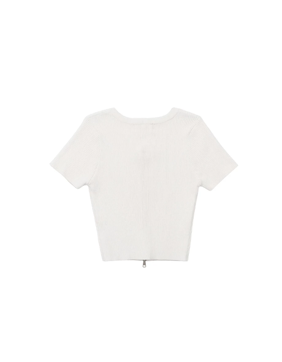 愛心LOGO刺繡圓領短袖短版拉鍊開襟針織衫