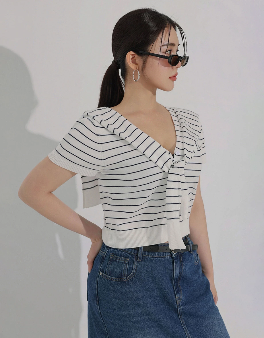 橫條紋V領短袖排扣開襟針織衫(附披肩) 白色系