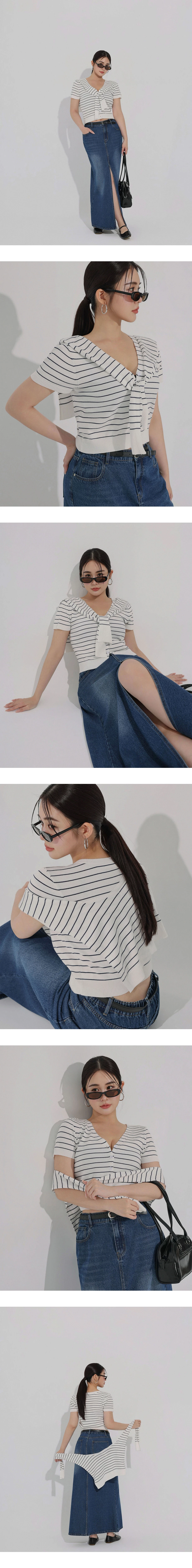 橫條紋V領短袖排扣開襟針織衫(附披肩) 白色系