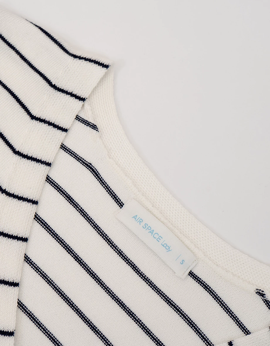 橫條紋V領短袖排扣開襟針織衫(附披肩) 白色系