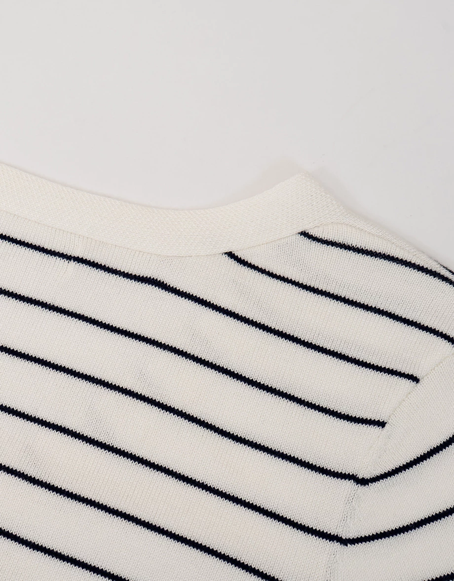 橫條紋V領短袖排扣開襟針織衫(附披肩) 白色系