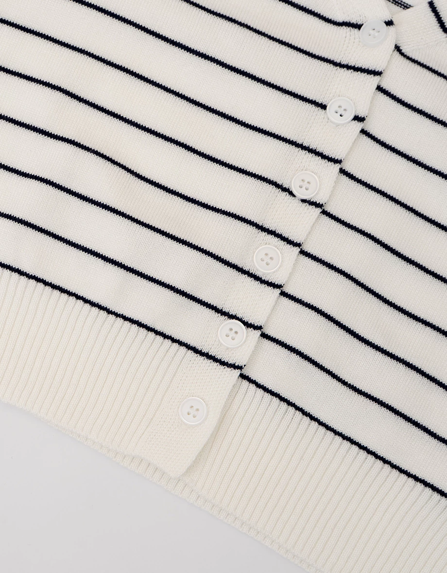 橫條紋V領短袖排扣開襟針織衫(附披肩) 白色系