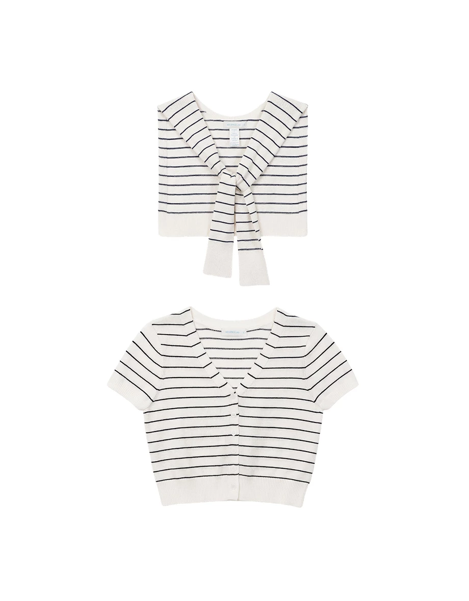 橫條紋V領短袖排扣開襟針織衫(附披肩) 白色系