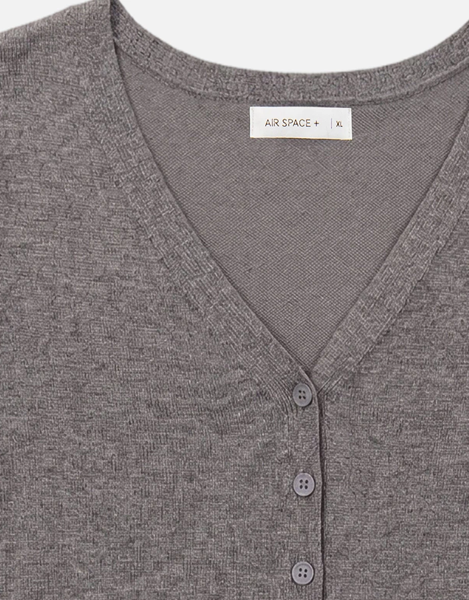 橫條紋V領短袖排扣開襟針織衫(附披肩) 灰色系