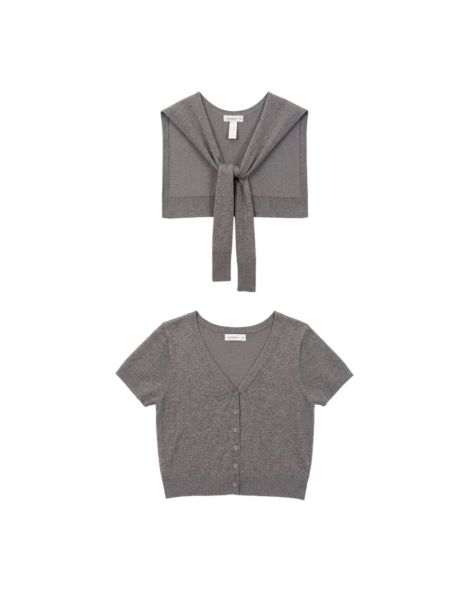 橫條紋V領短袖排扣開襟針織衫(附披肩) 灰色系