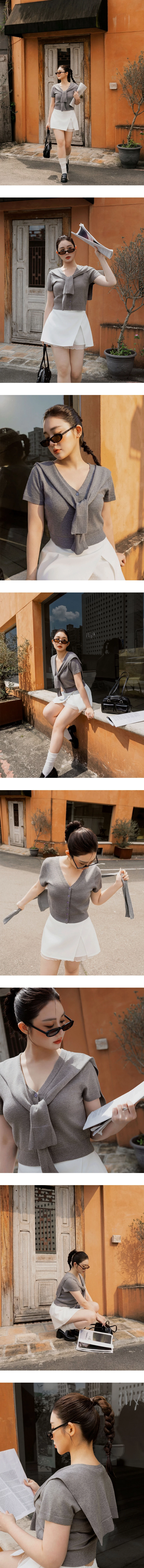 橫條紋V領短袖排扣開襟針織衫(附披肩) 灰色系