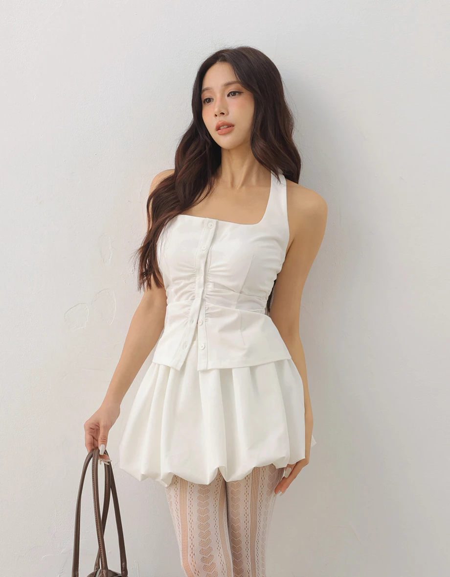 方領繞頸綁帶抓皺排扣開襟背心(附胸墊) 素色款/條紋款