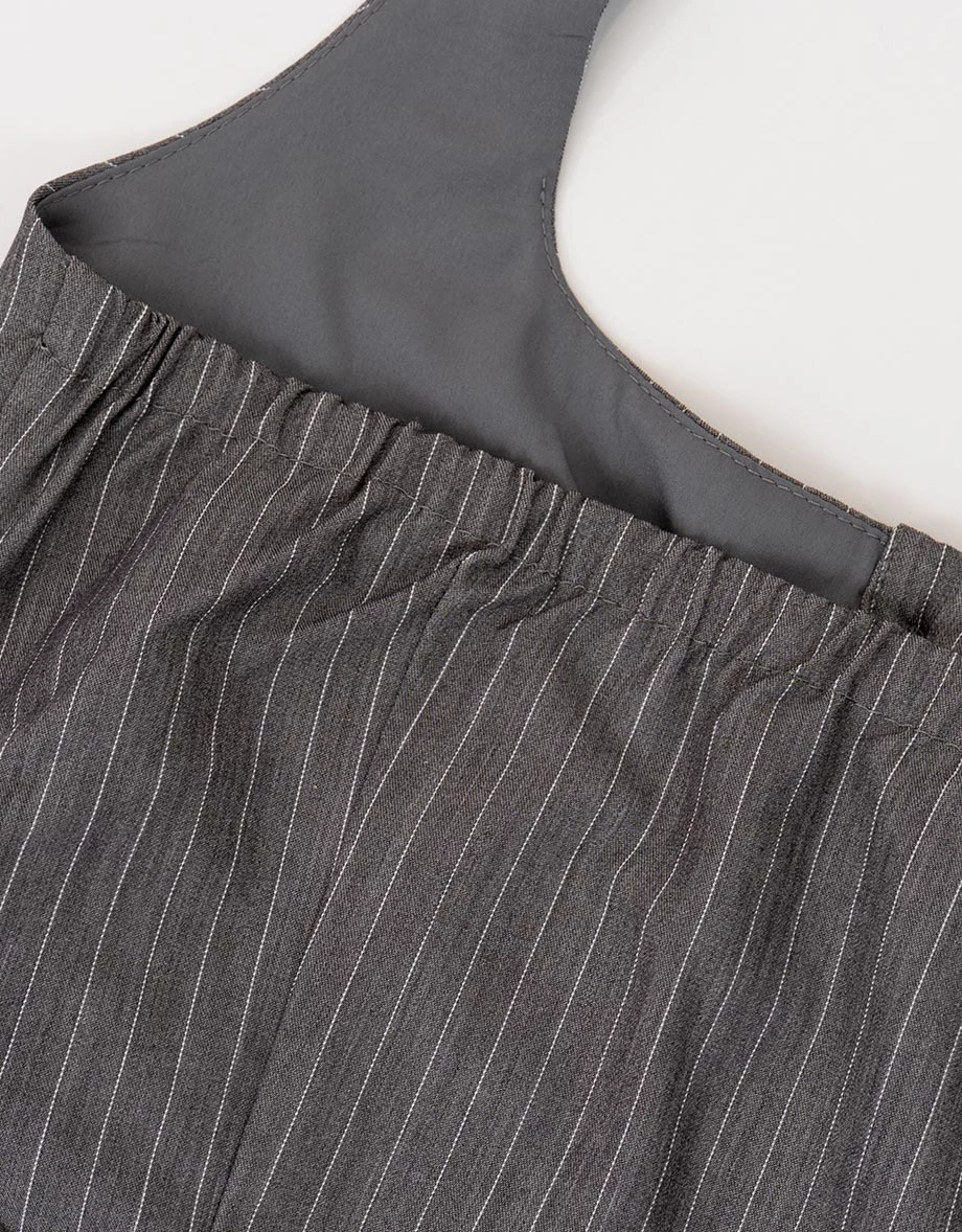 方領繞頸綁帶抓皺排扣開襟背心(附胸墊) 素色款/條紋款