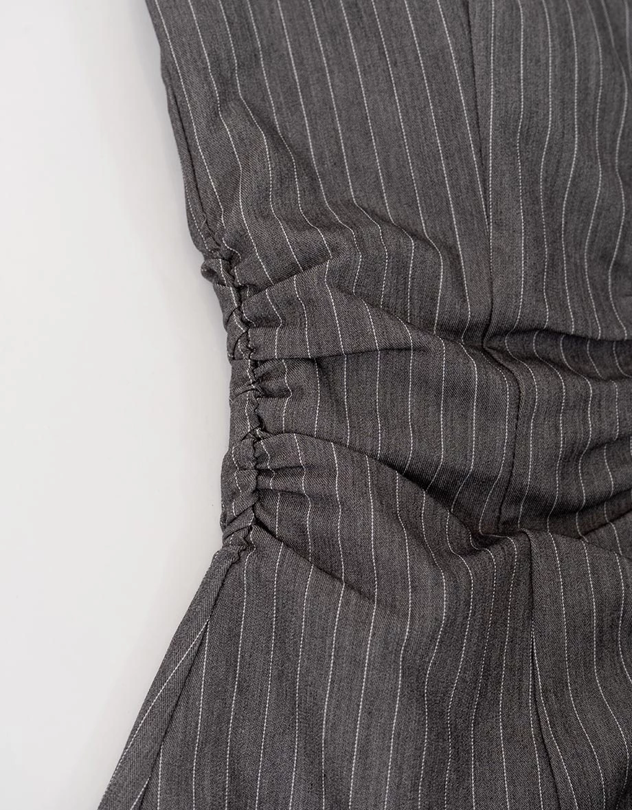 方領繞頸綁帶抓皺排扣開襟背心(附胸墊) 素色款/條紋款