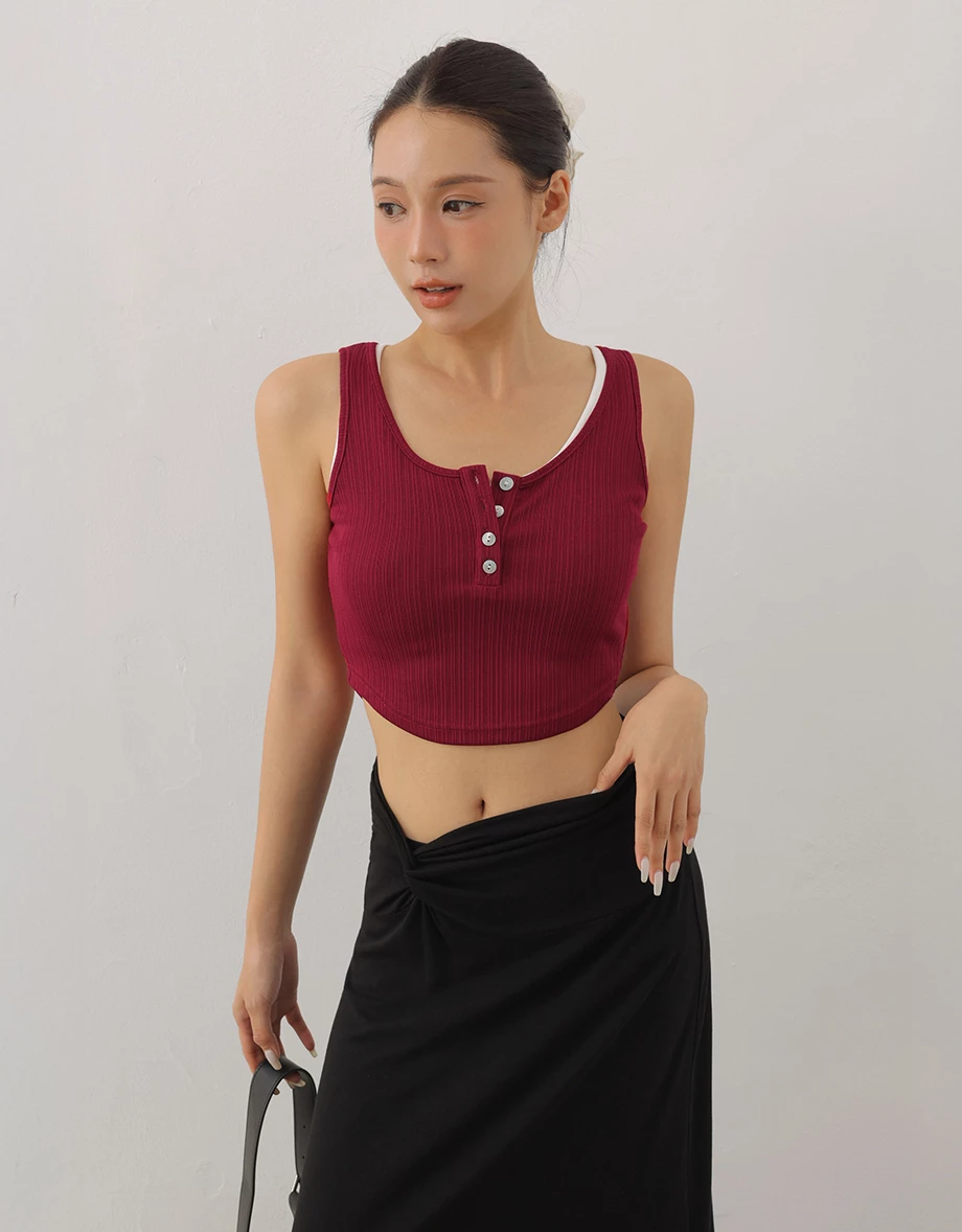 U領排扣半開襟壓紋短版坦克背心