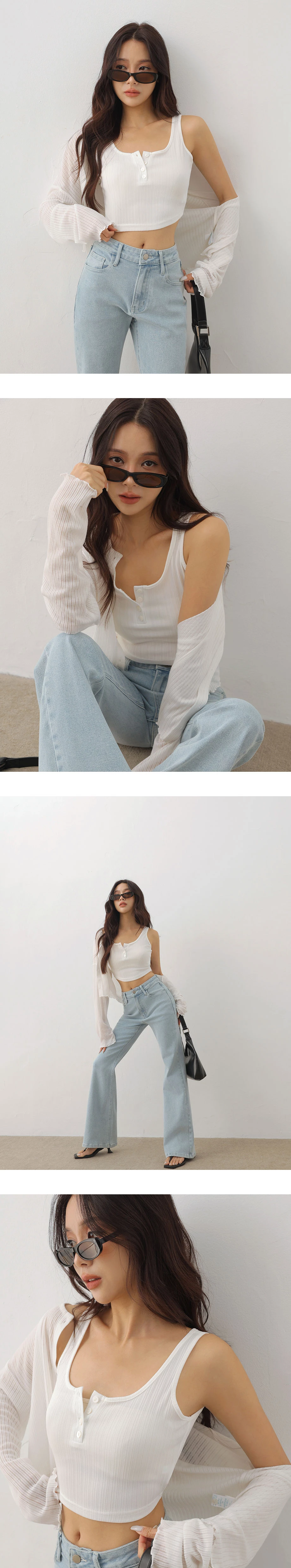 U領排扣半開襟壓紋短版坦克背心