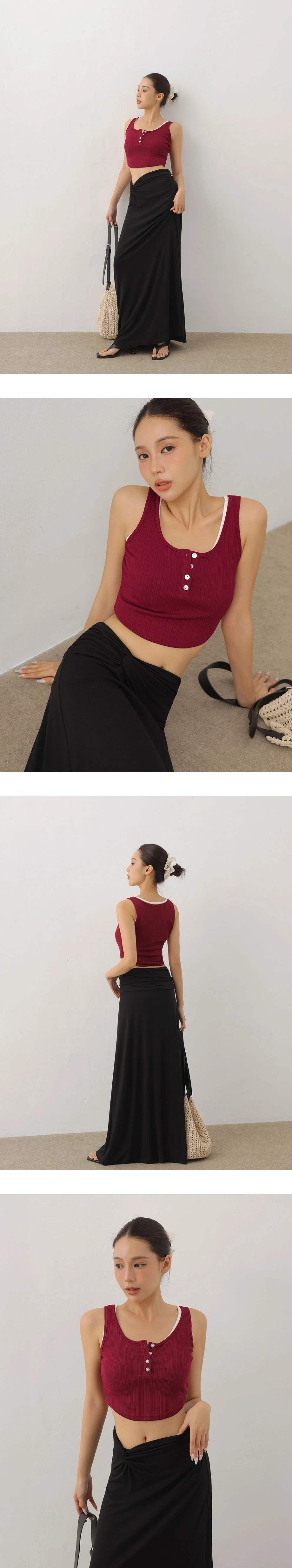 U領排扣半開襟壓紋短版坦克背心