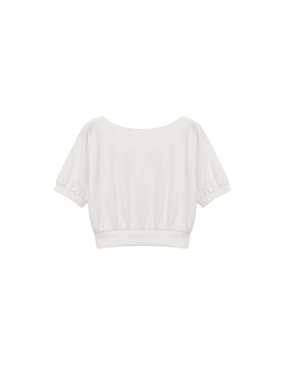 方領排扣開襟澎袖抓皺收腰短版上衣