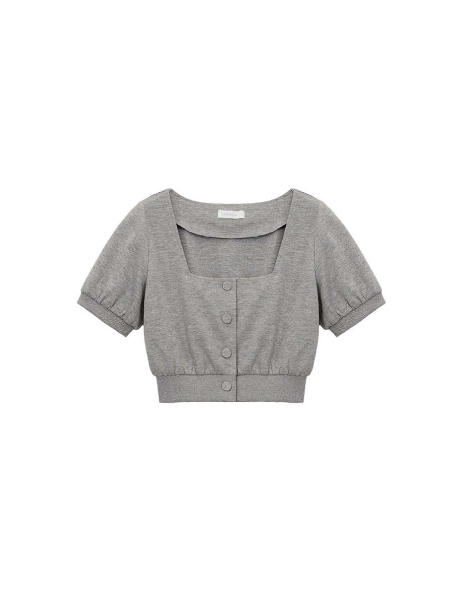 方領排扣開襟澎袖抓皺收腰短版上衣