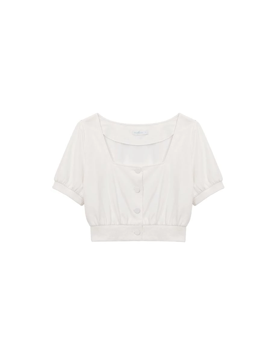 方領排扣開襟澎袖抓皺收腰短版上衣