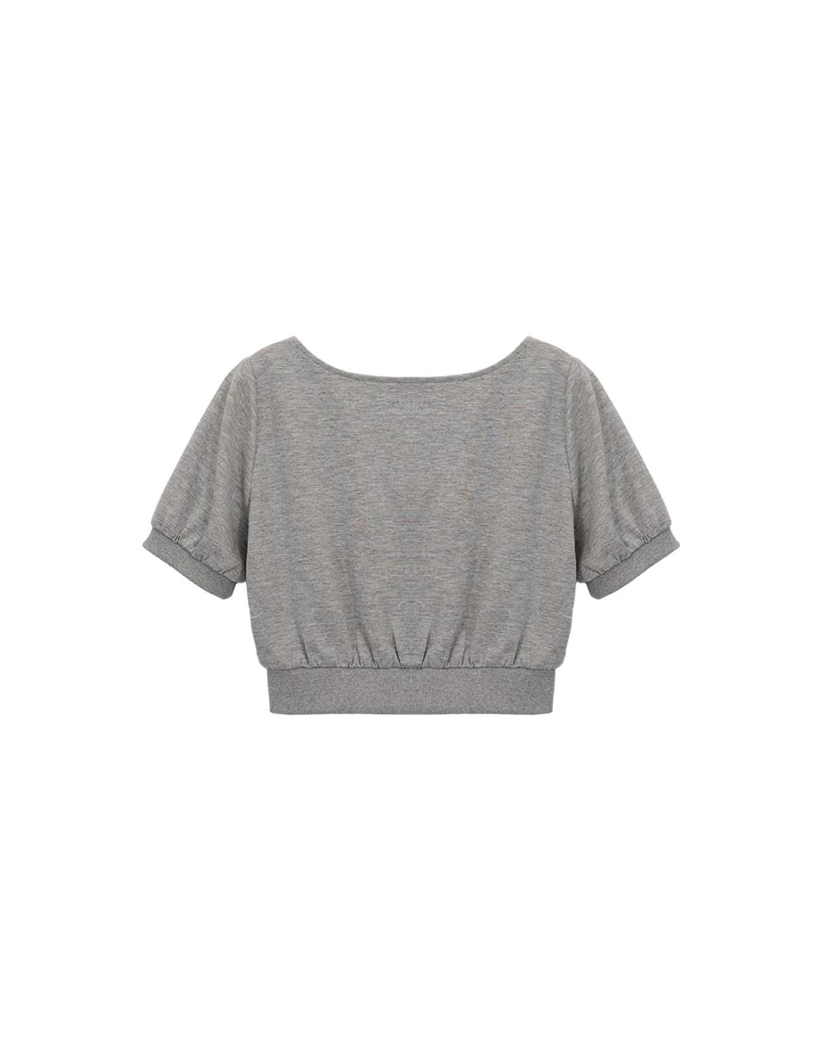 方領排扣開襟澎袖抓皺收腰短版上衣