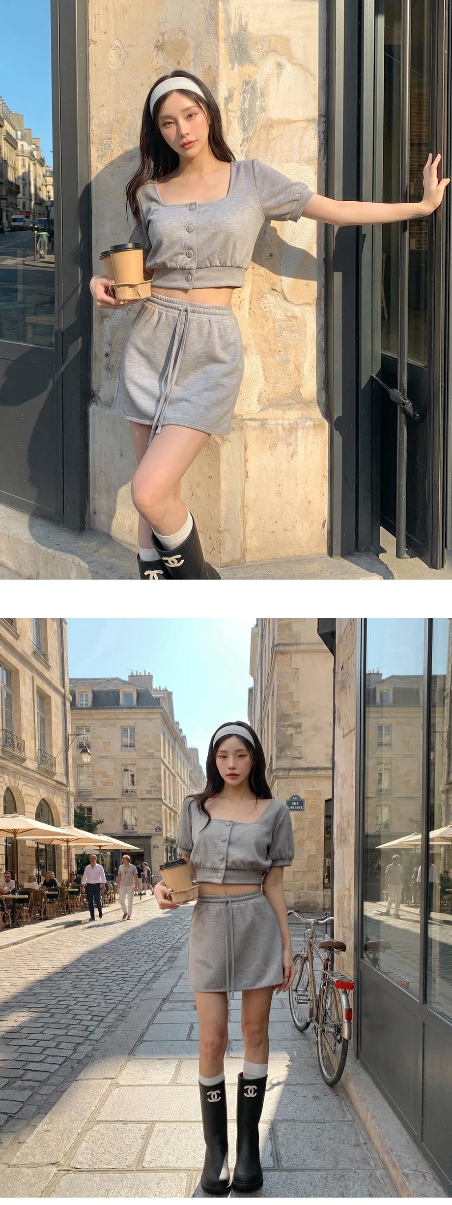 方領排扣開襟澎袖抓皺收腰短版上衣