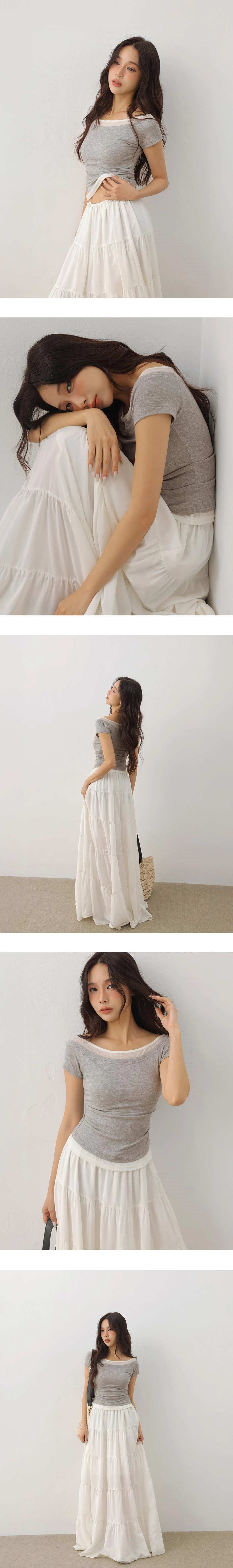 假兩件大圓領拉格蘭短袖合身上衣