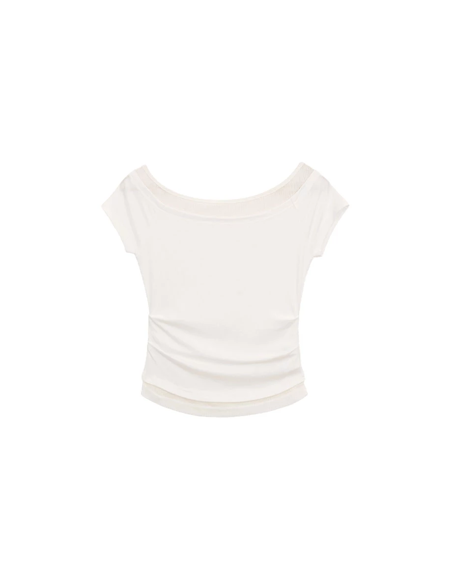 假兩件大圓領拉格蘭短袖合身上衣