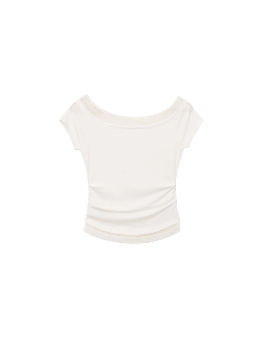 Faux 2 Piece Contrast Sheer Mesh Trim Side Ruched Fitted Top