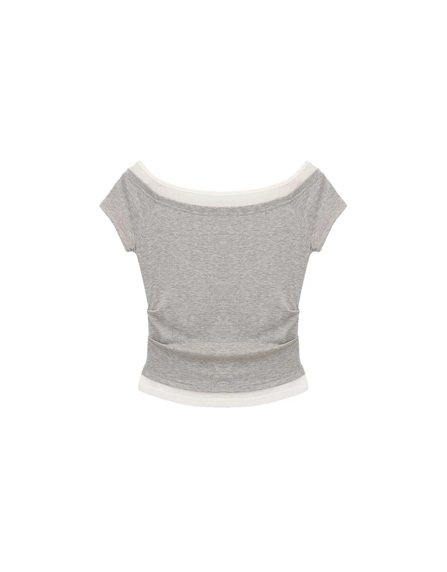Faux 2 Piece Contrast Sheer Mesh Trim Side Ruched Fitted Top