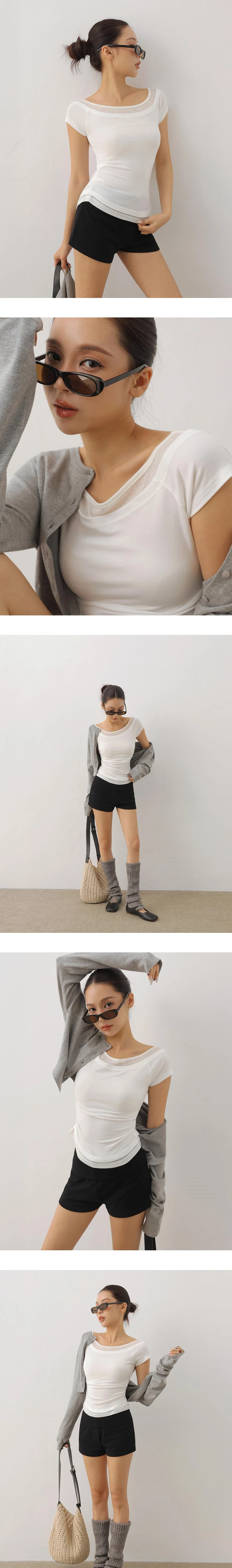 假兩件大圓領拉格蘭短袖合身上衣