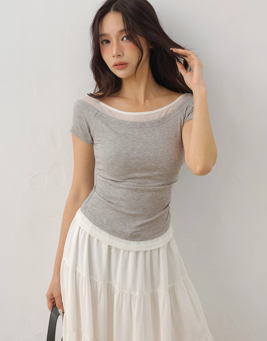 假兩件大圓領拉格蘭短袖合身上衣