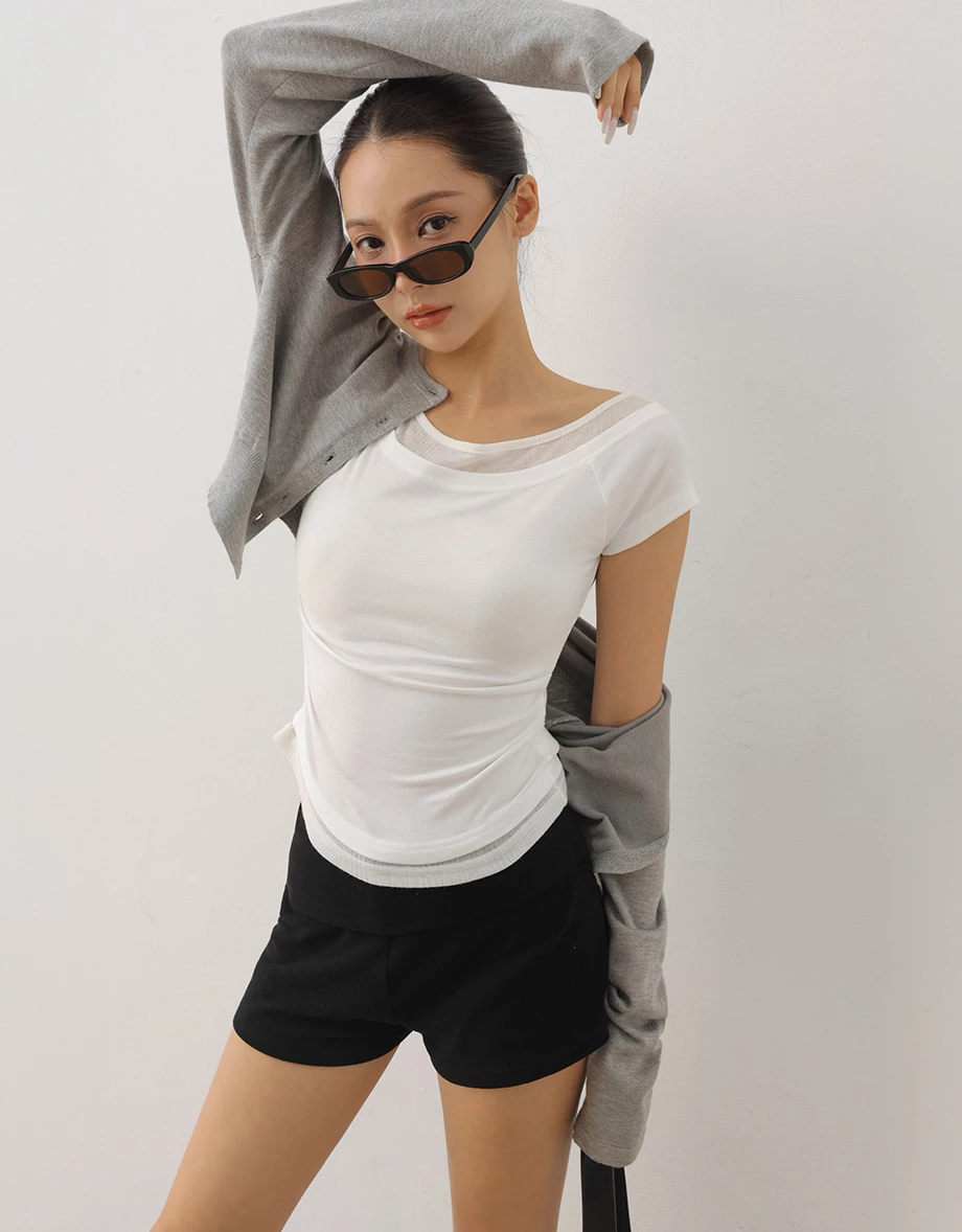 假兩件大圓領拉格蘭短袖合身上衣