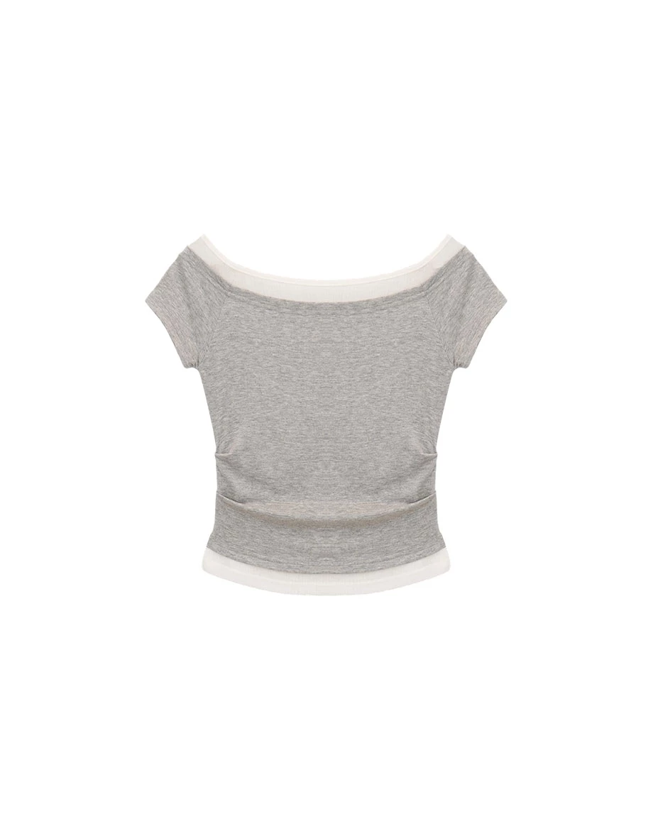 假兩件大圓領拉格蘭短袖合身上衣