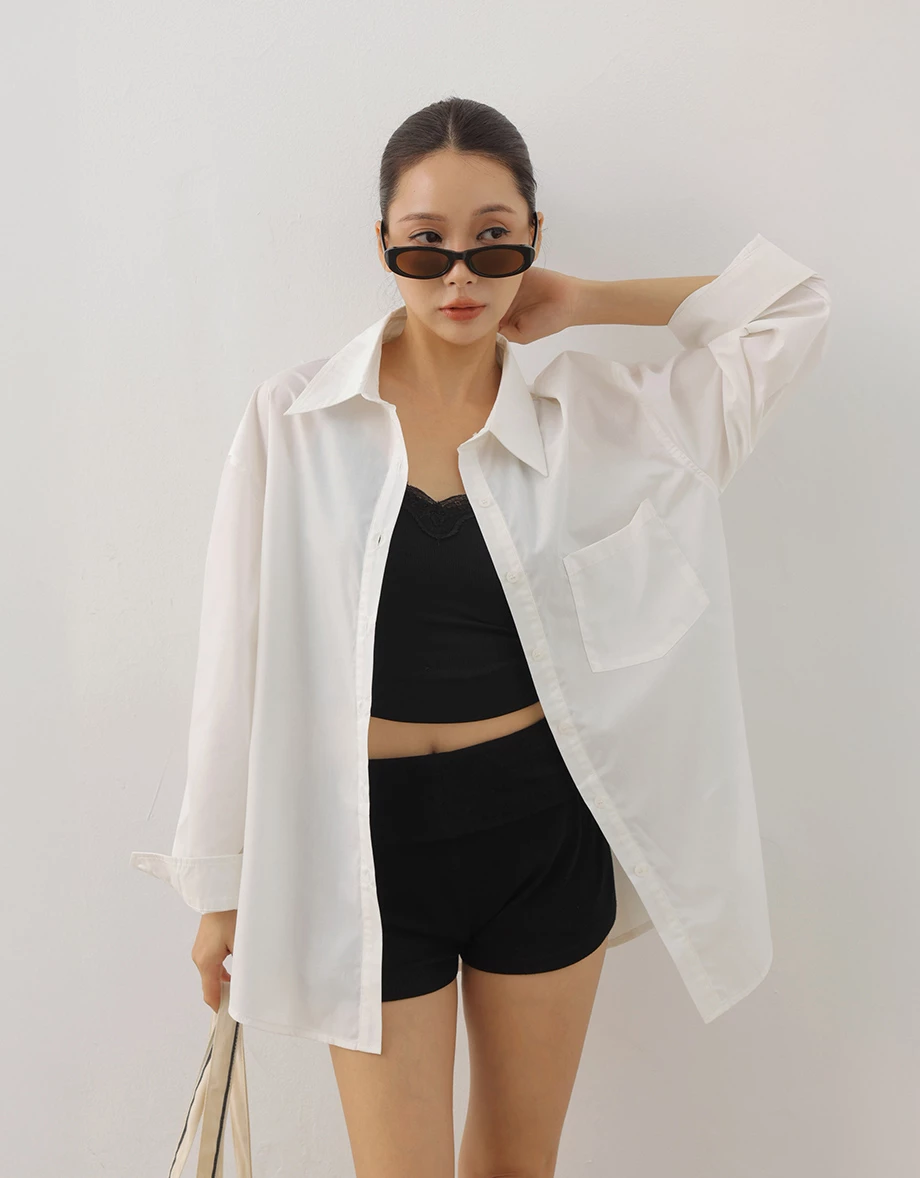 單口袋落肩長袖長版襯衫