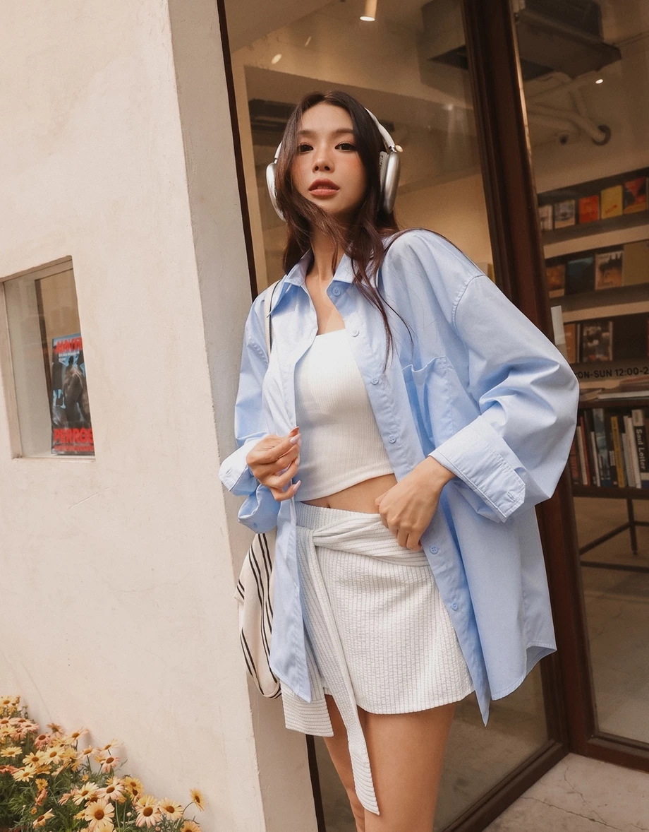 單口袋落肩長袖長版襯衫