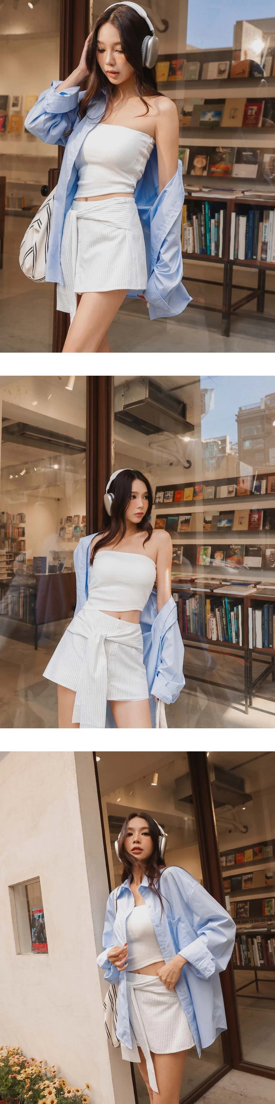 單口袋落肩長袖長版襯衫