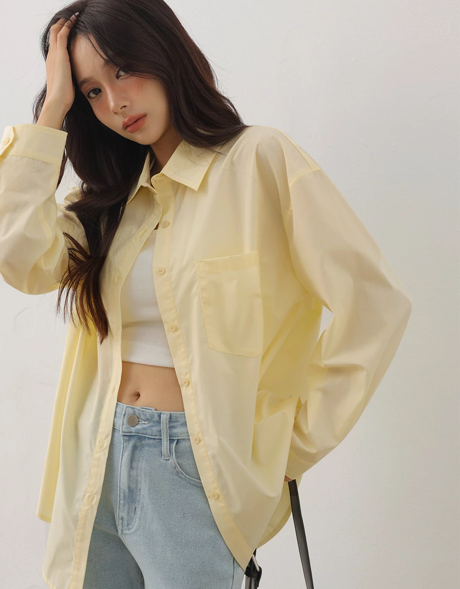 單口袋落肩長袖長版襯衫