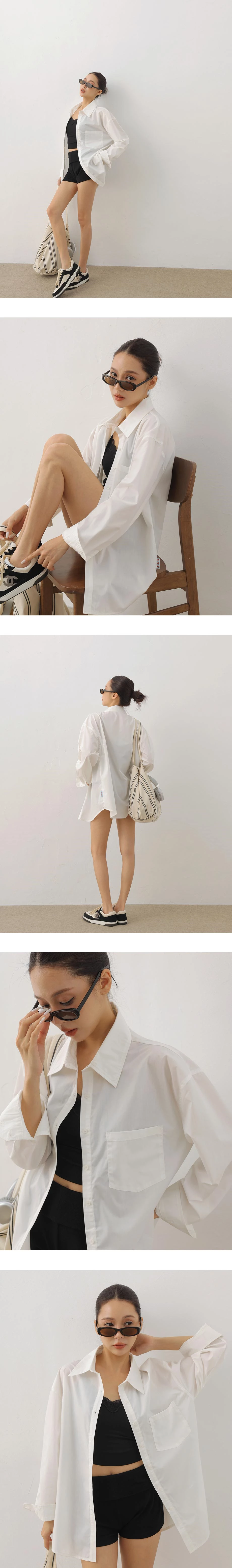 單口袋落肩長袖長版襯衫