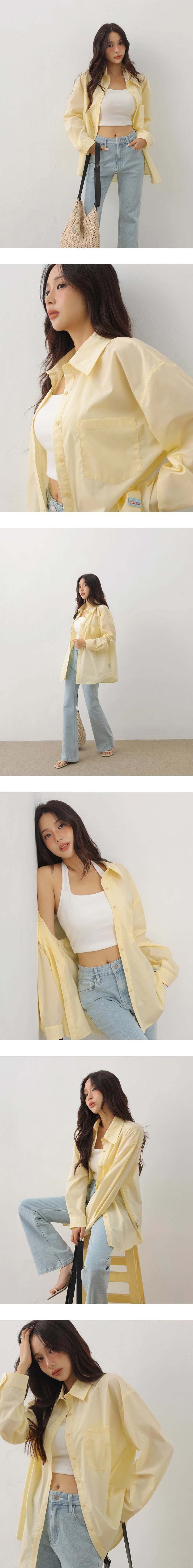 單口袋落肩長袖長版襯衫