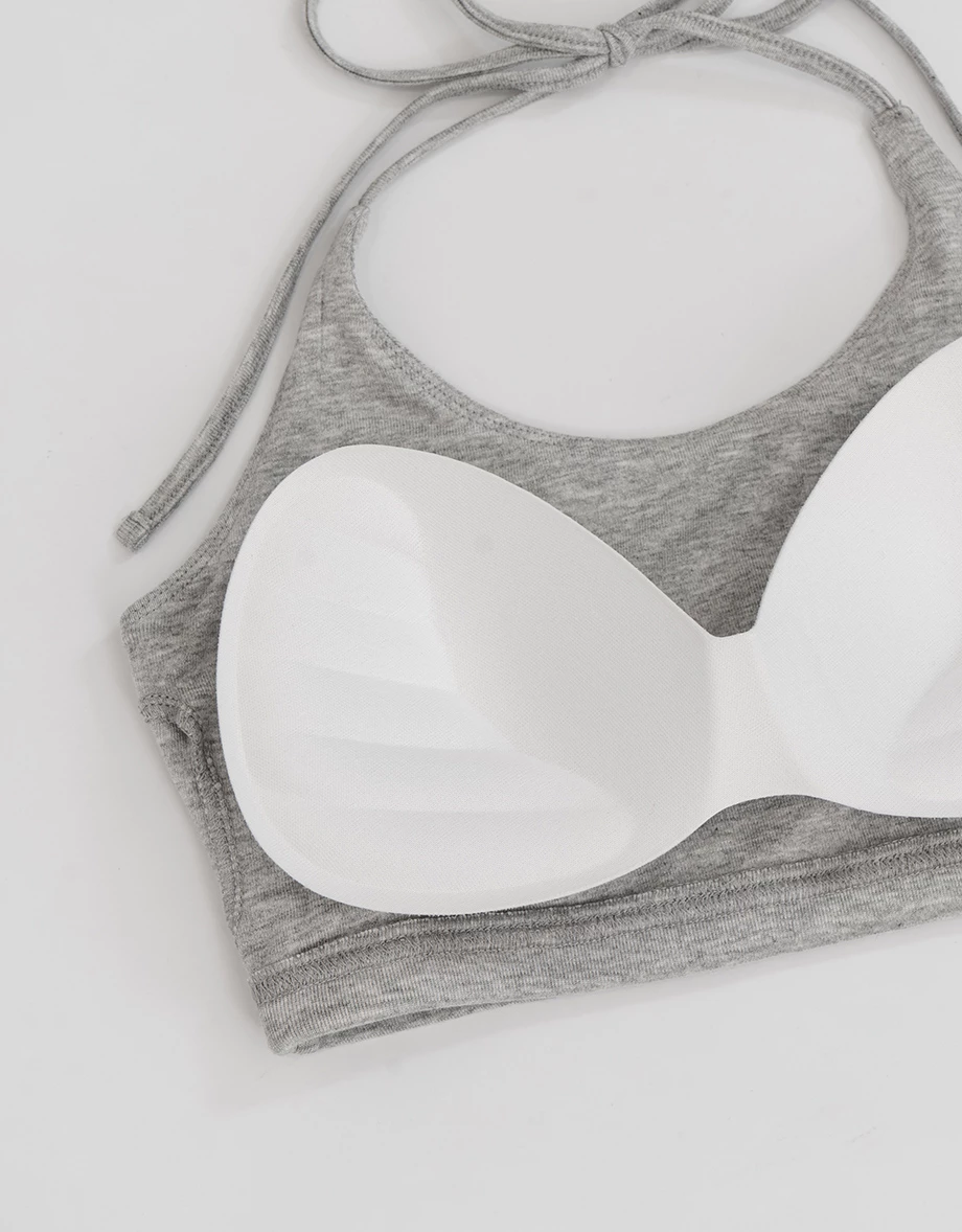 不對稱領壓扣短袖短版上衣繞頸綁帶BRA背心套裝